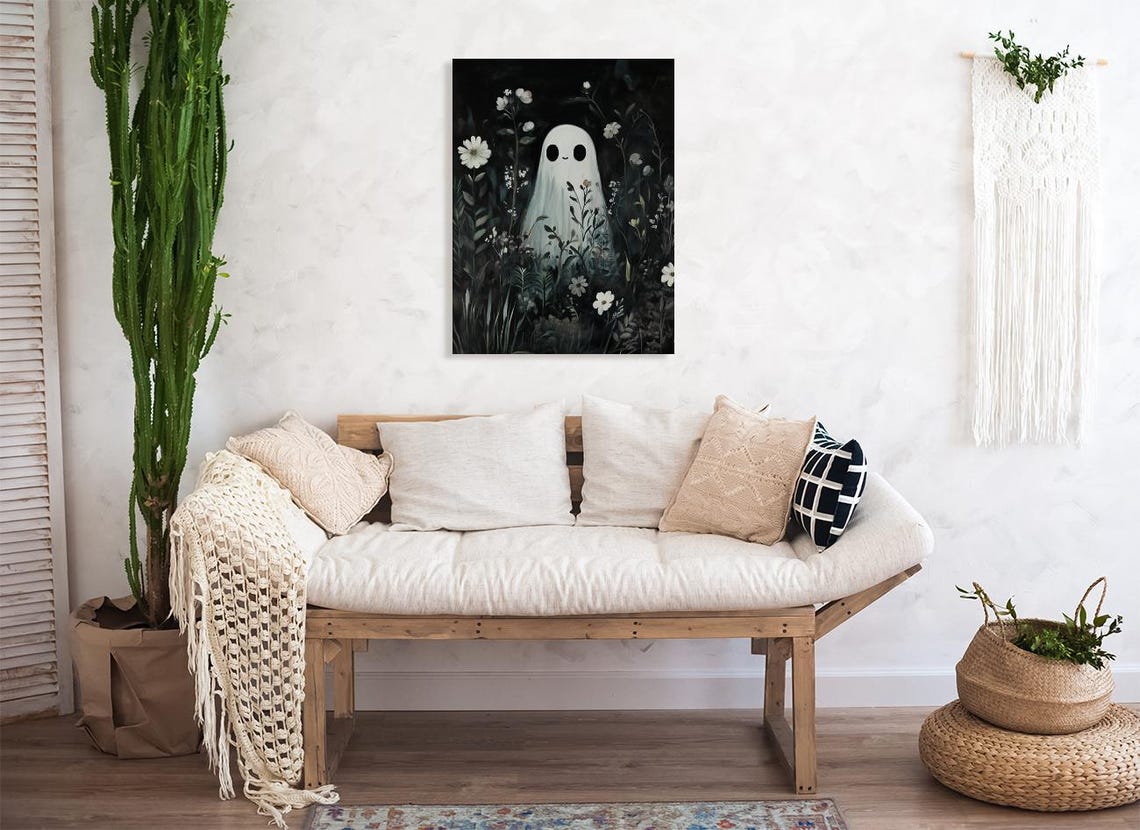 Cute Ghost Among White Wildflowers Dark Floral Halloween Print - Image 3