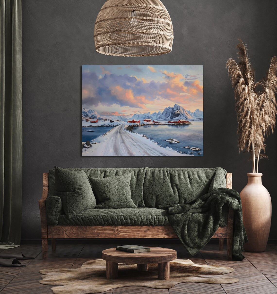 Snowy Norwegian Fjord Village At Sunset Winter Landscape Art Poster - Image 3