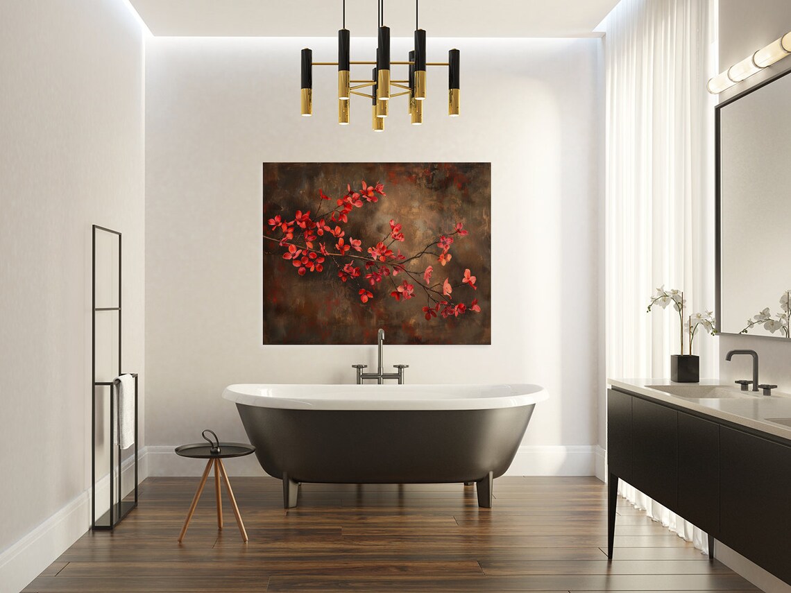 Scarlet Red Dogwood Blossoms Dark Moody Botanical Painting Poster - Image 3