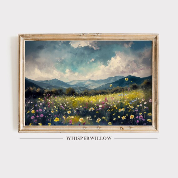 Colorful Wildflower Meadow Below Mountain Peaks Vintage Poster
