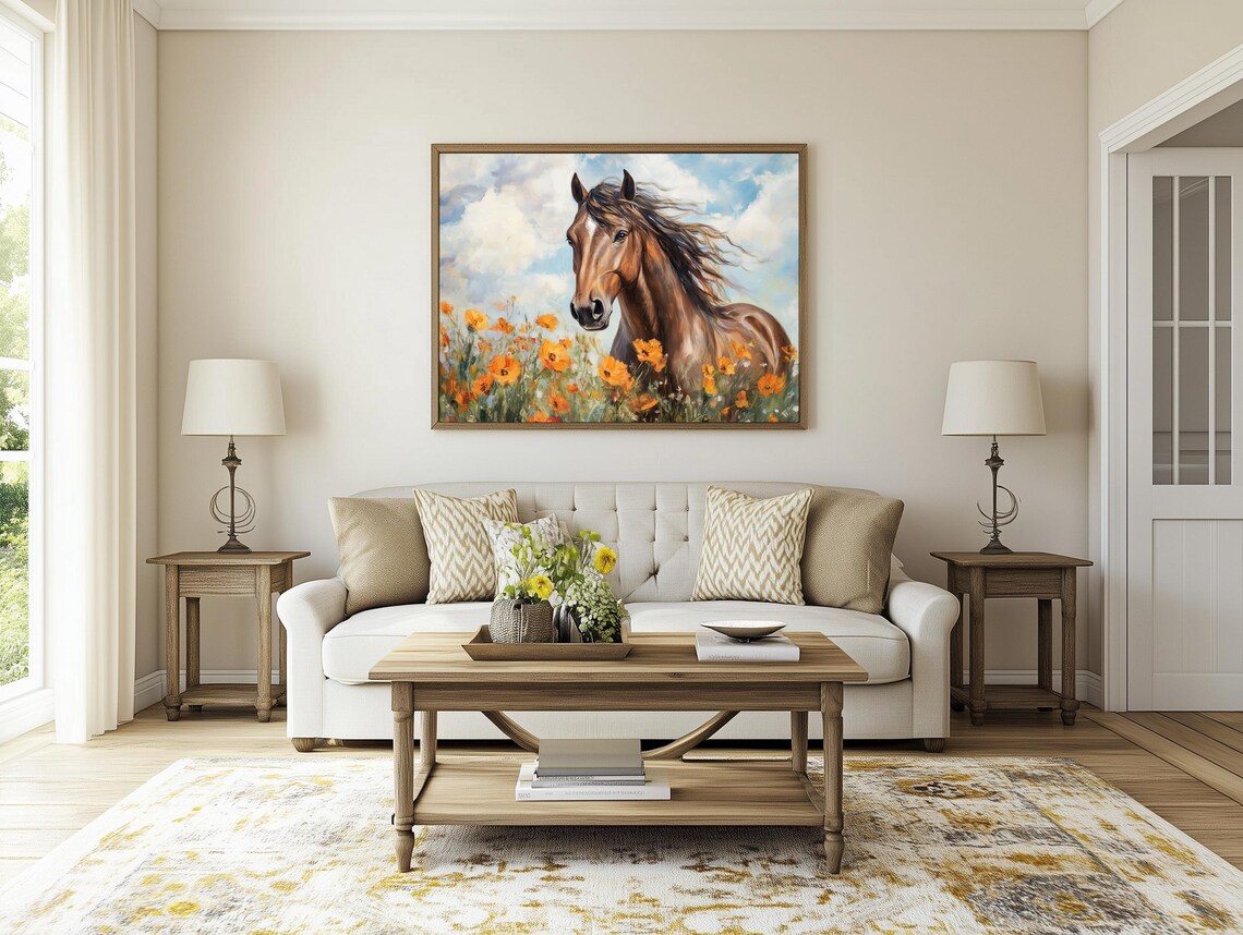 Majestic Brown Horse Orange Poppies Field Sunny Meadow Painting Poster - Image 2