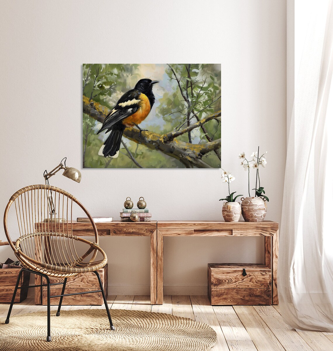 Black and Orange Songbird Perched on Branch Vintage Painting Poster - Image 4