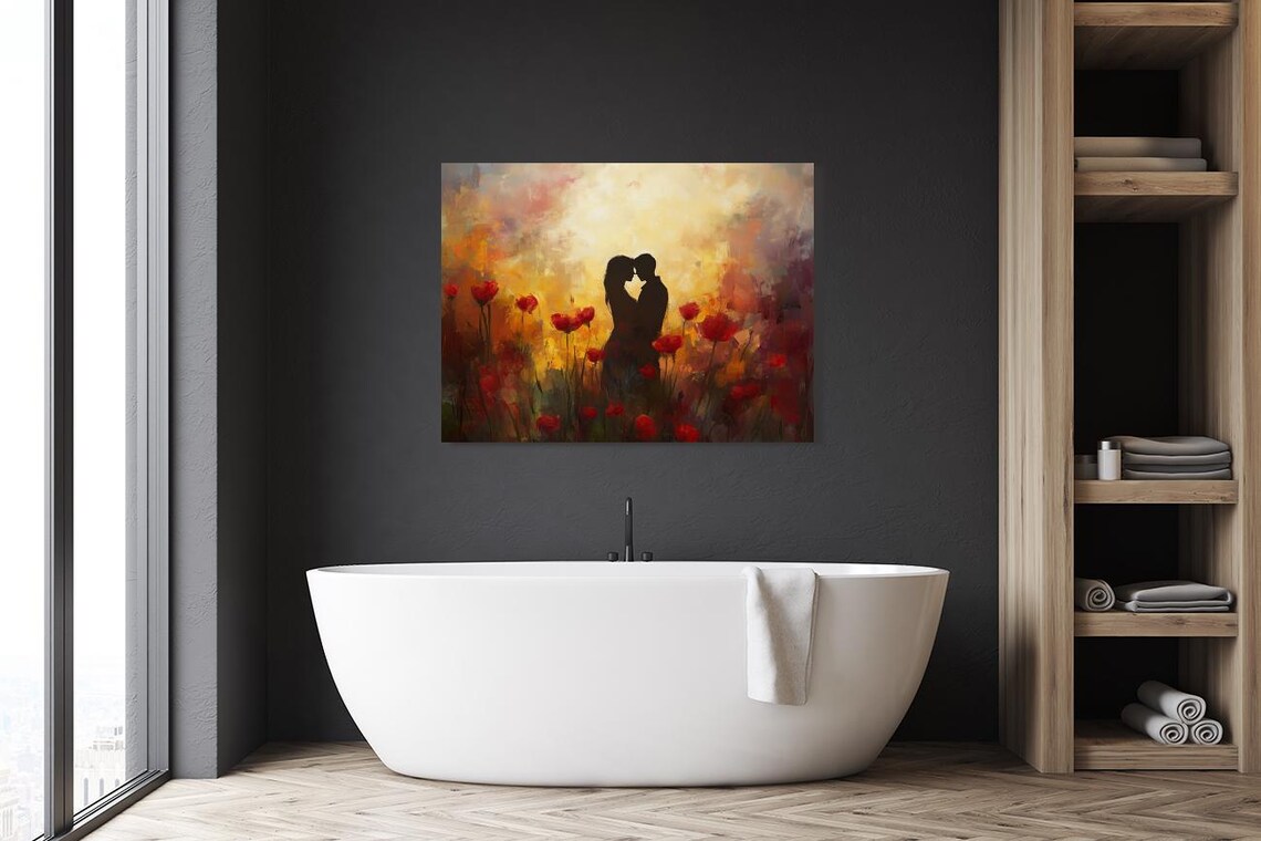 Couple Silhouette Kissing in a Red Poppy Field at Sunset Poster - Image 2