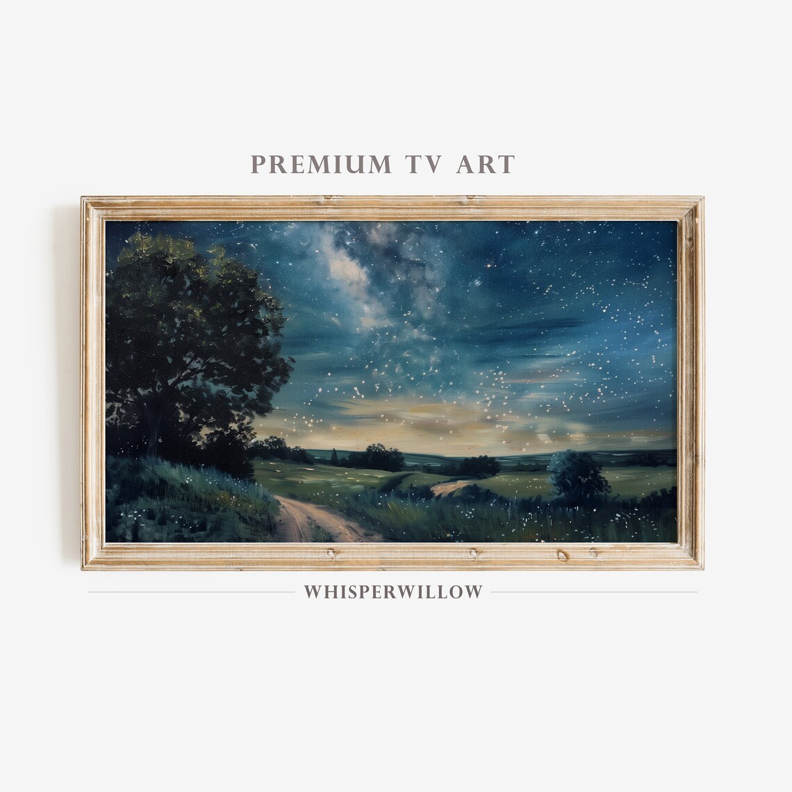 Starry Night Over Meadow Road with Fireflies and Stars Poster