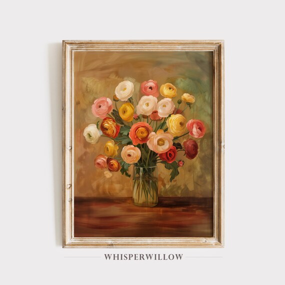 Colorful Ranunculus Bouquet Still Life Vintage Floral Painting Poster