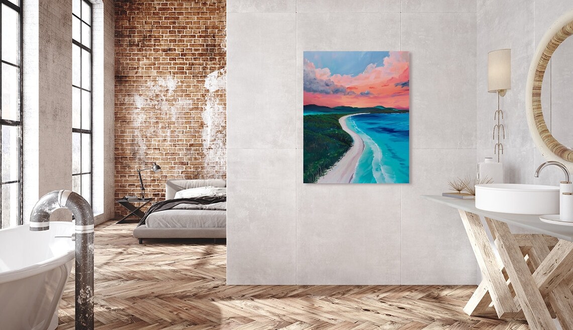 Curved Tropical Beach Sunset Painting Turquoise Ocean Pink Sky Poster - Image 2
