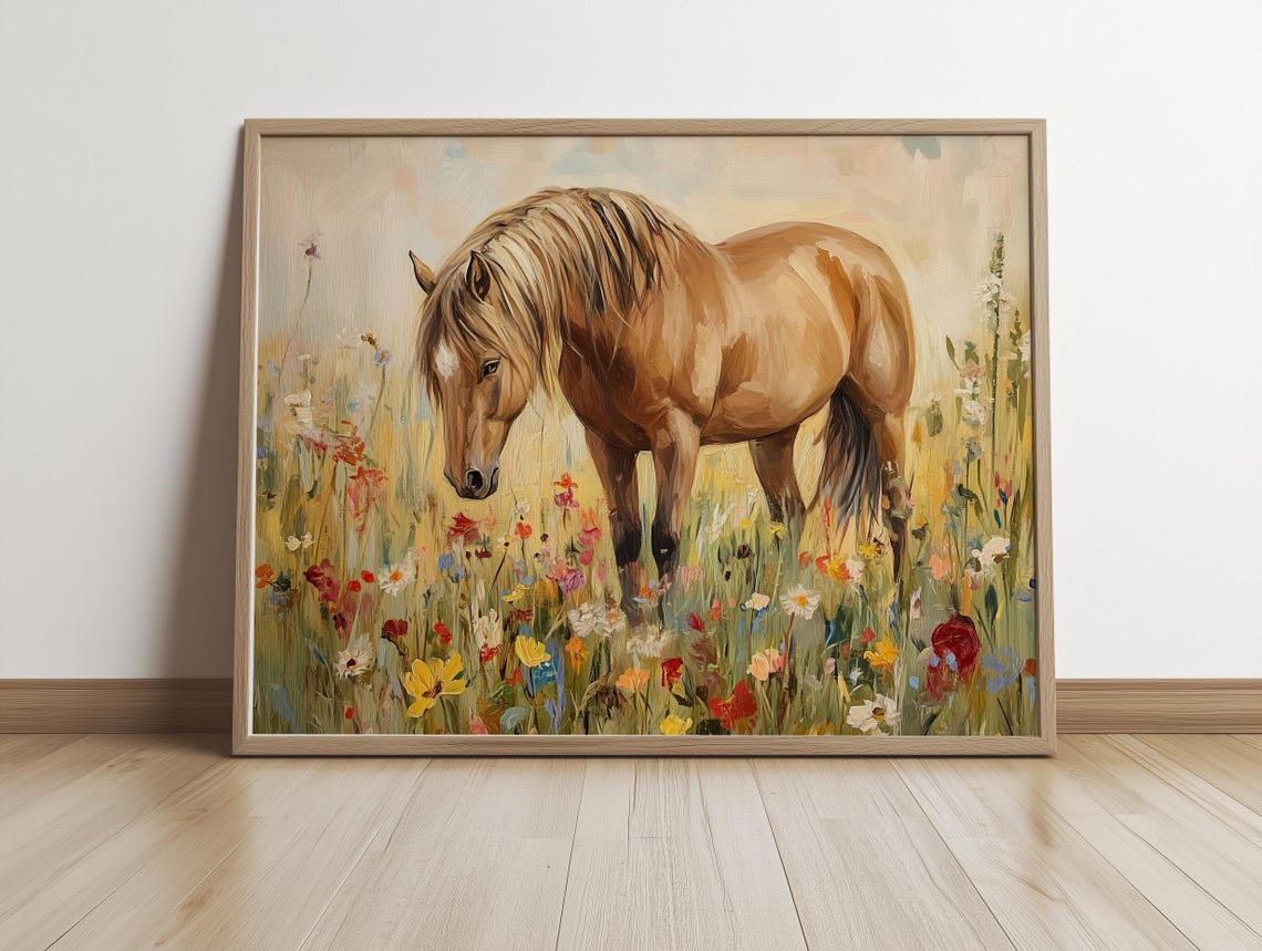 Chestnut Horse Standing Among Wildflowers Golden Light Poster - Image 5