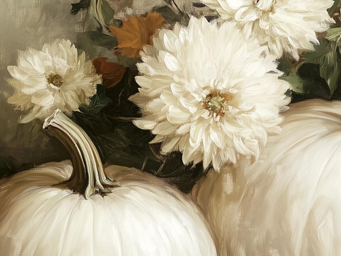 White Pumpkins with Chrysanthemums Autumn Still Life Art Poster - Image 6