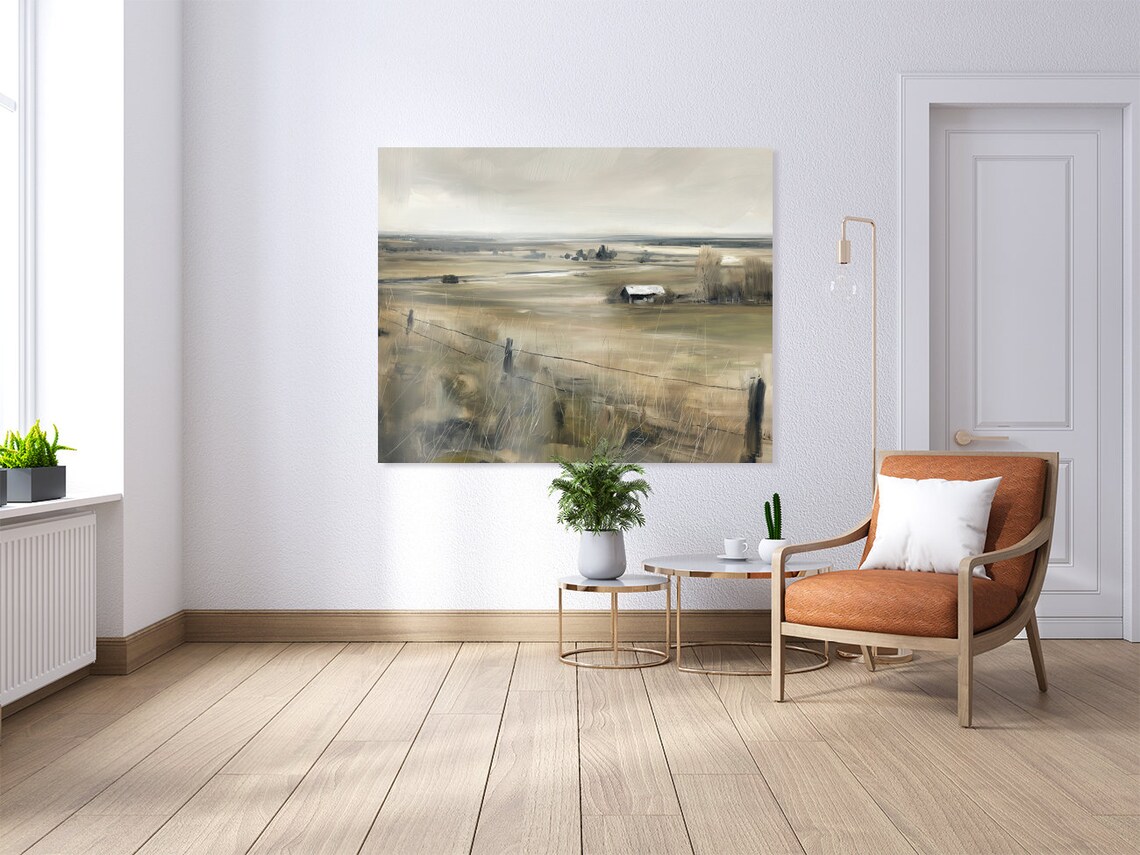 Misty Autumn Prairie Barn and Fence Line Vintage Landscape Poster - Image 4