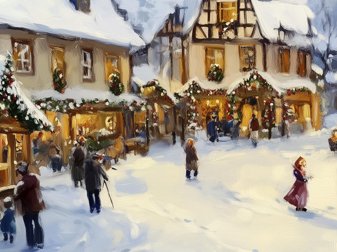 Snowy European Village Square Grand Christmas Tree Night Poster - Image 6