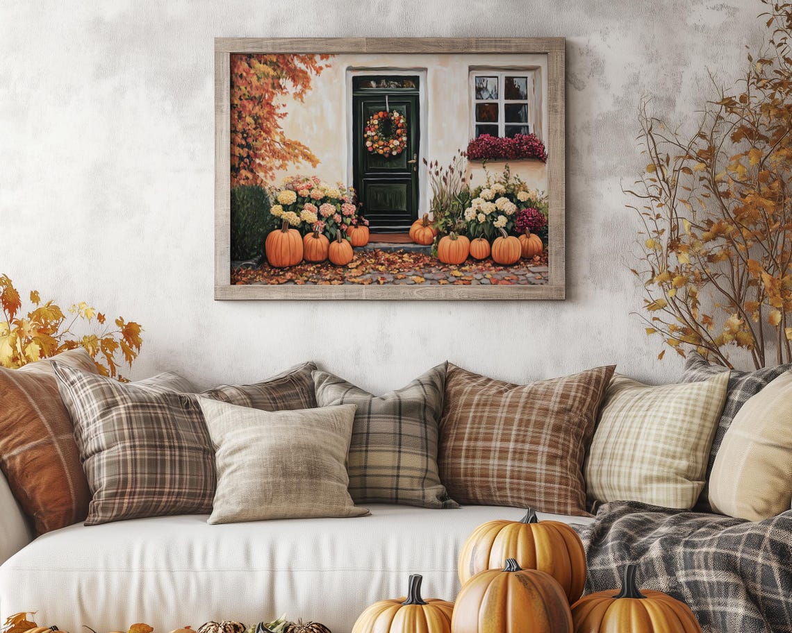Fall Pumpkins Decorated Front Door Painting Warm Autumn Poster - Image 2