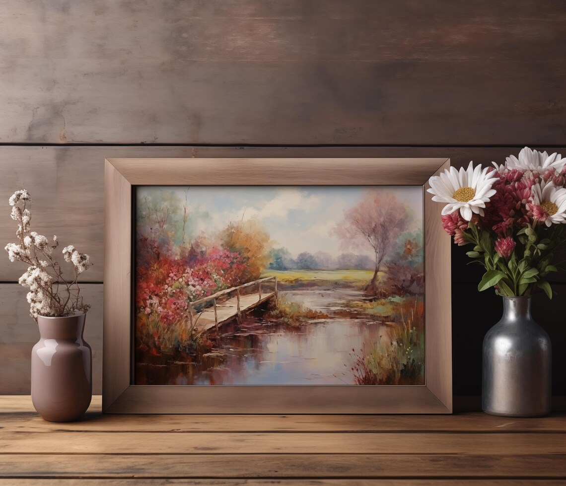 Wooden Footbridge Over Reflecting Pond Autumn Garden Vintage Poster - Image 3