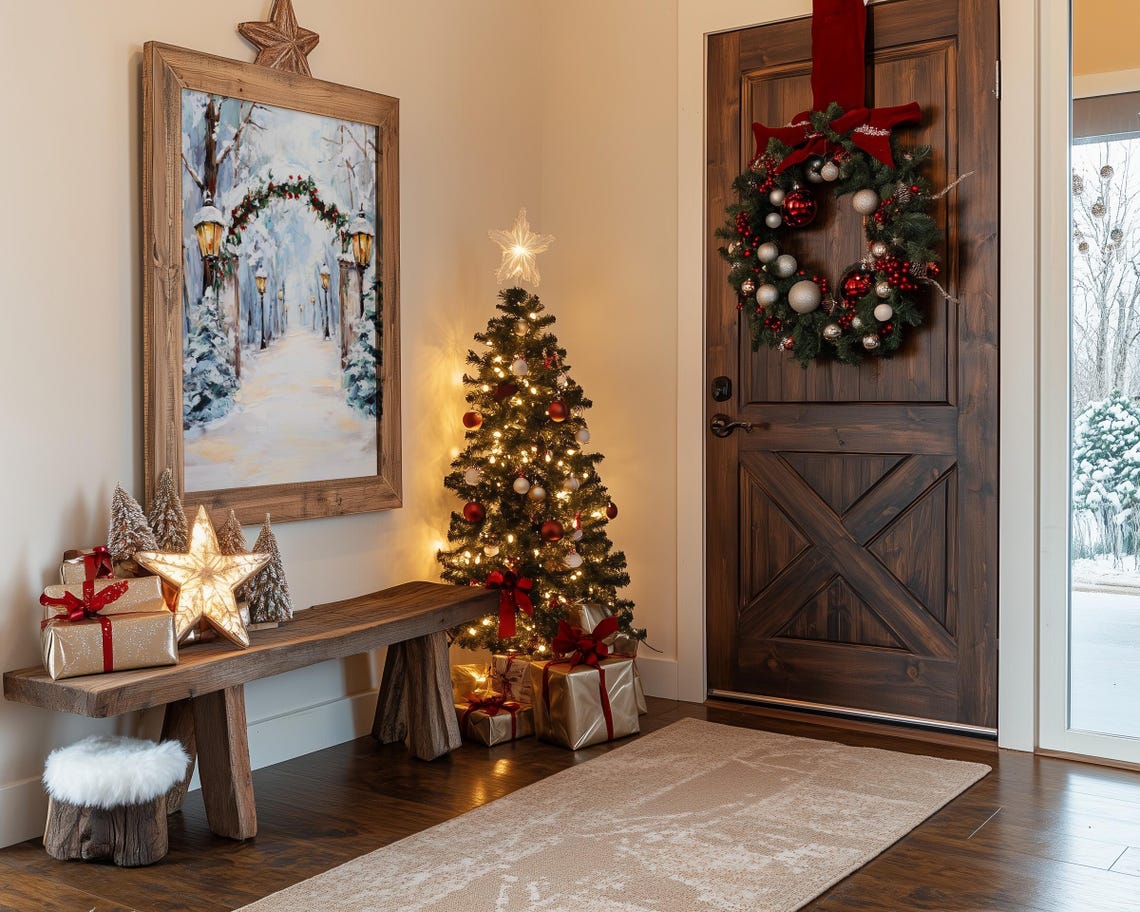 Snowy Winter Path with Lanterns and Garland Arch Christmas Poster - Image 3