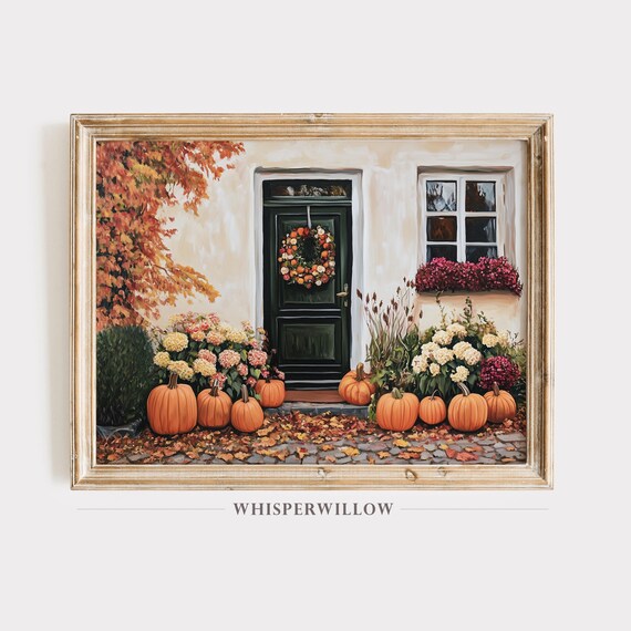 Fall Pumpkins Decorated Front Door Painting Warm Autumn Poster