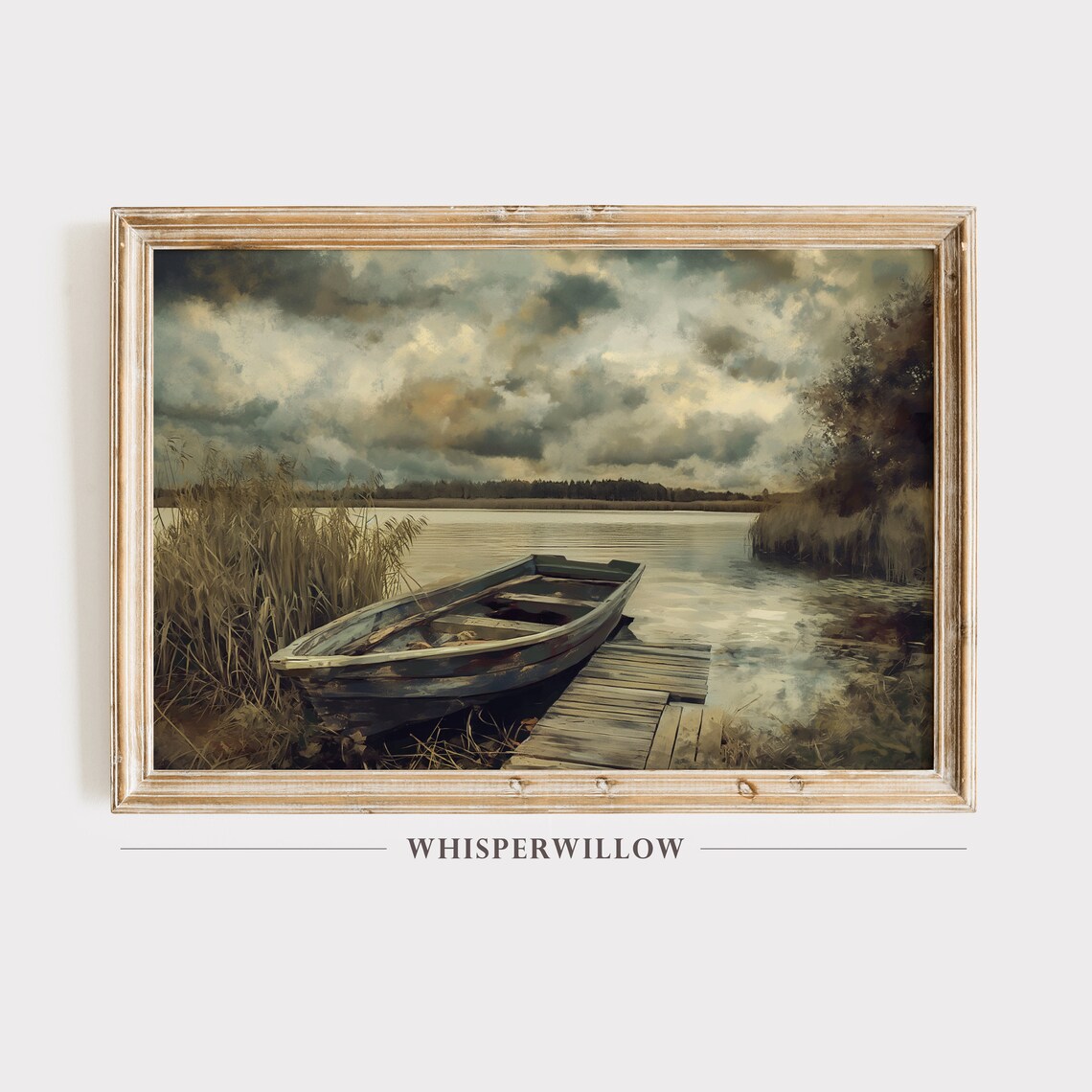 Weathered Rowboat At Lakeside Dock Moody Vintage Oil Painting Poster