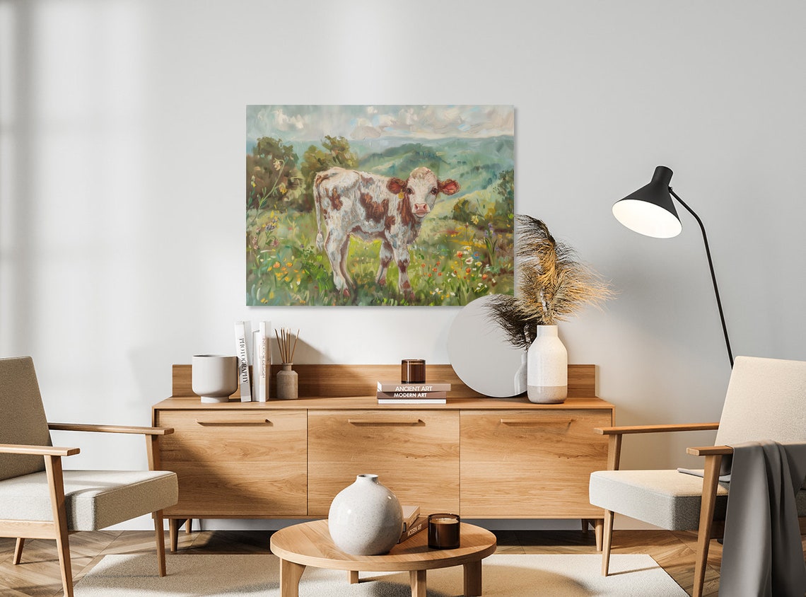 Sweet Brown and White Calf in a Flower Meadow Painterly Poster - Image 4
