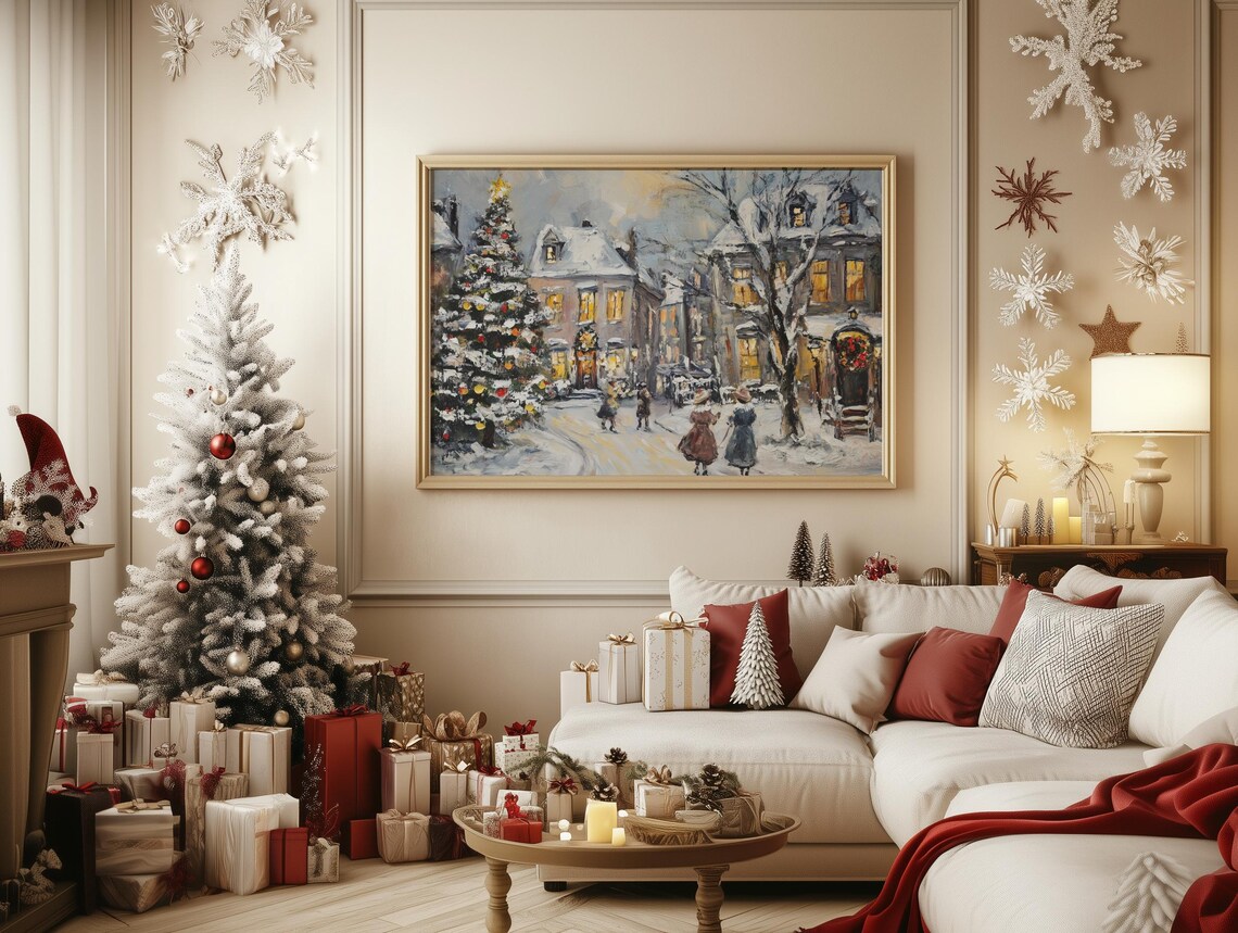 Snowy Christmas Village Street with Carolers Vintage Painting Poster - Image 3