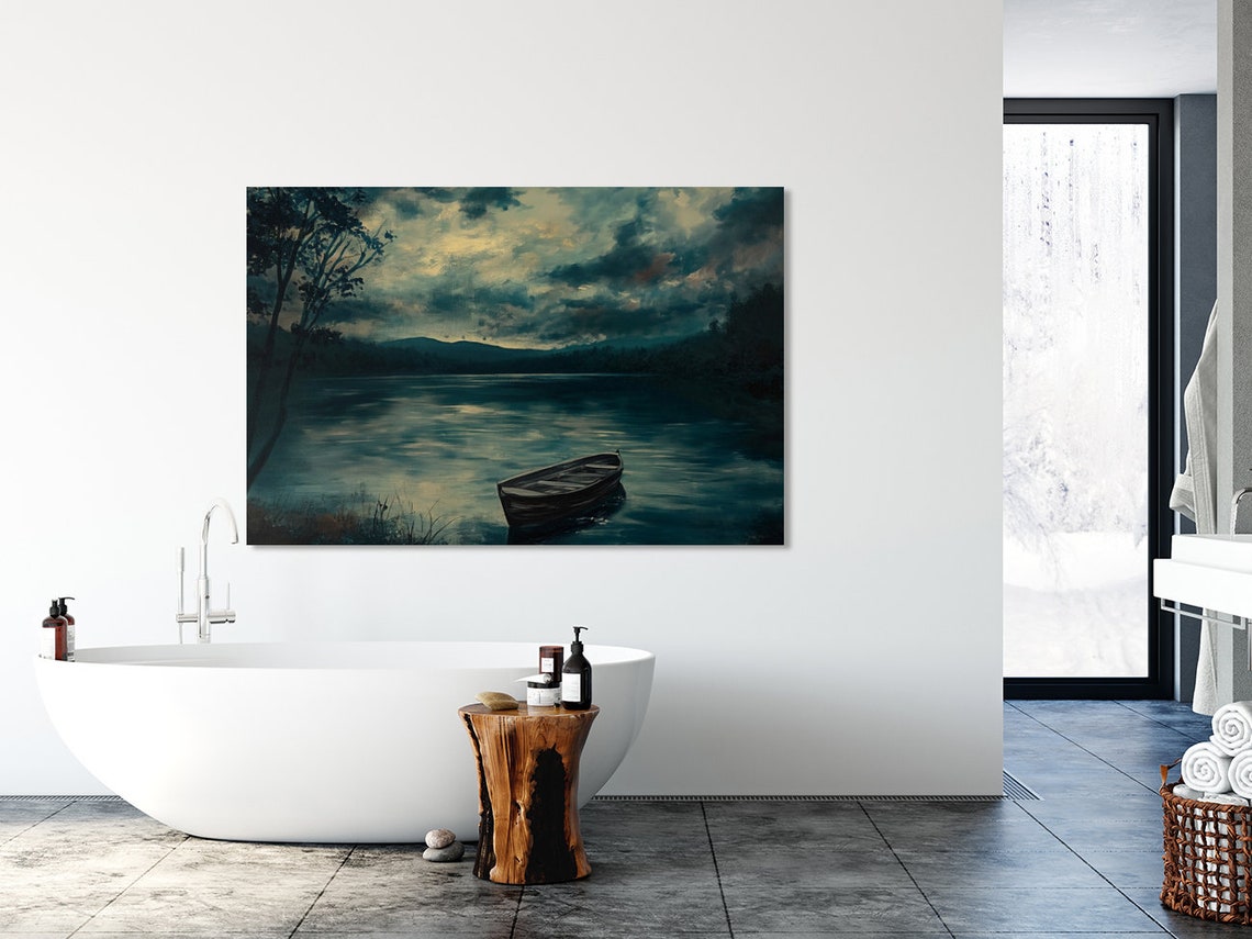 Moonlit Lake With Lone Rowboat Dark Moody Night Landscape Poster - Image 5