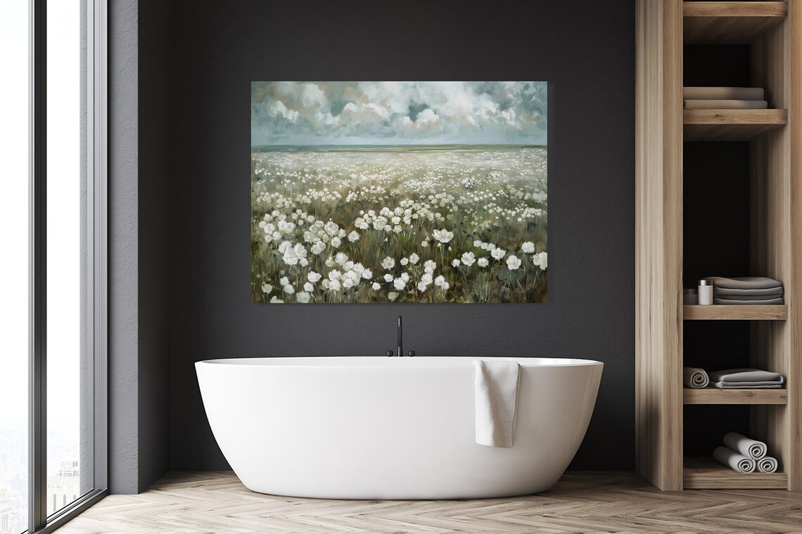 White Wildflowers Field Painting Cloudy Sky Scenic Floral Poster - Image 5