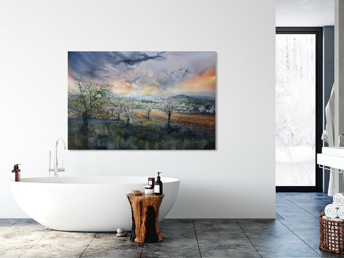 Storm Clouds Over Flowering Valley at Sunset Watercolor Poster - Image 5