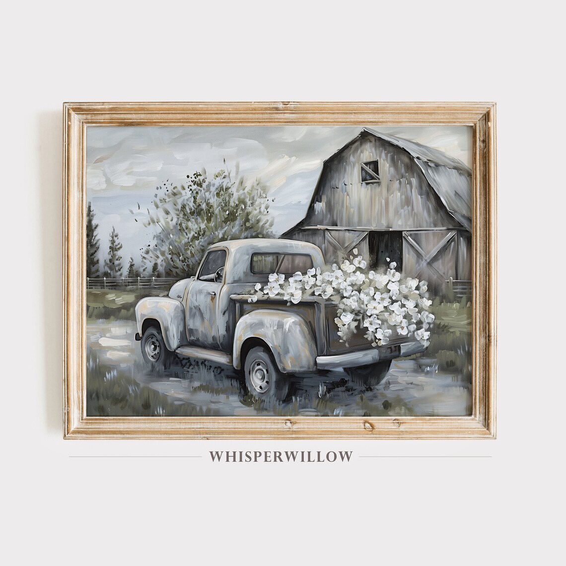 Vintage Farm Truck with Flowers Gray Tones Painting Scenic Poster