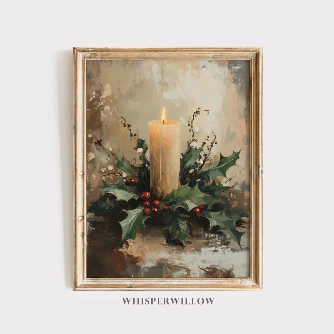 Burning Christmas Candle with Holly Berries Vintage Still Life Poster