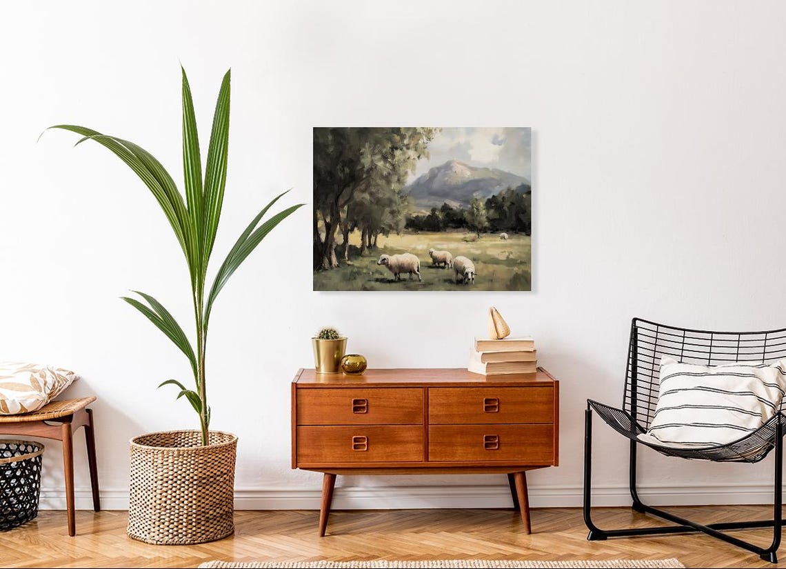 Sheep Grazing in a Green Mountain Meadow Oil Painting Poster - Image 2