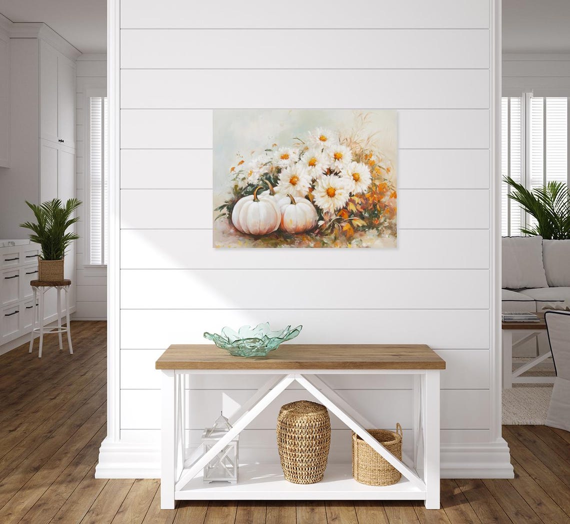White Pumpkins and Daisies Autumn Bouquet Vintage Style Poster - Image 3