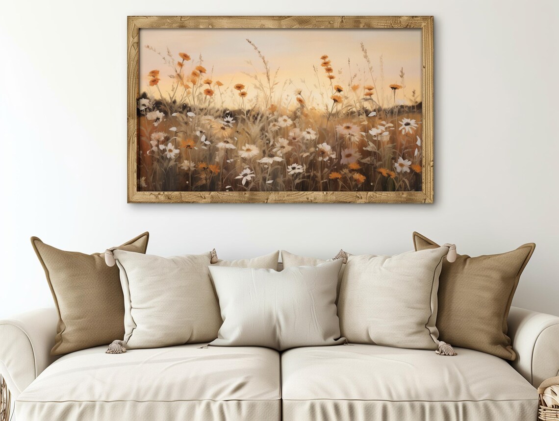 White and Orange Wildflowers Sunset Meadow Painting Art Poster - Image 2