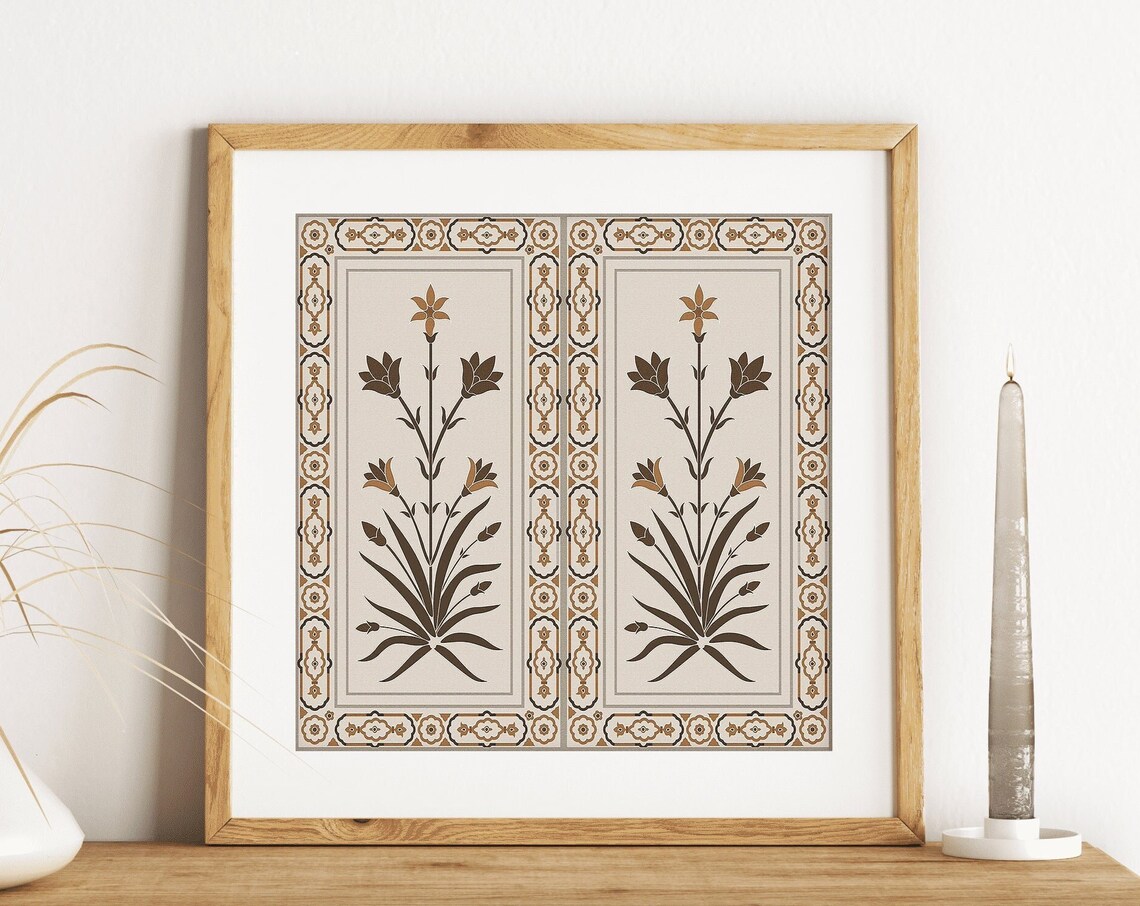 Mughal Floral Diptych of Brown Botanical Panels Classic Art Poster