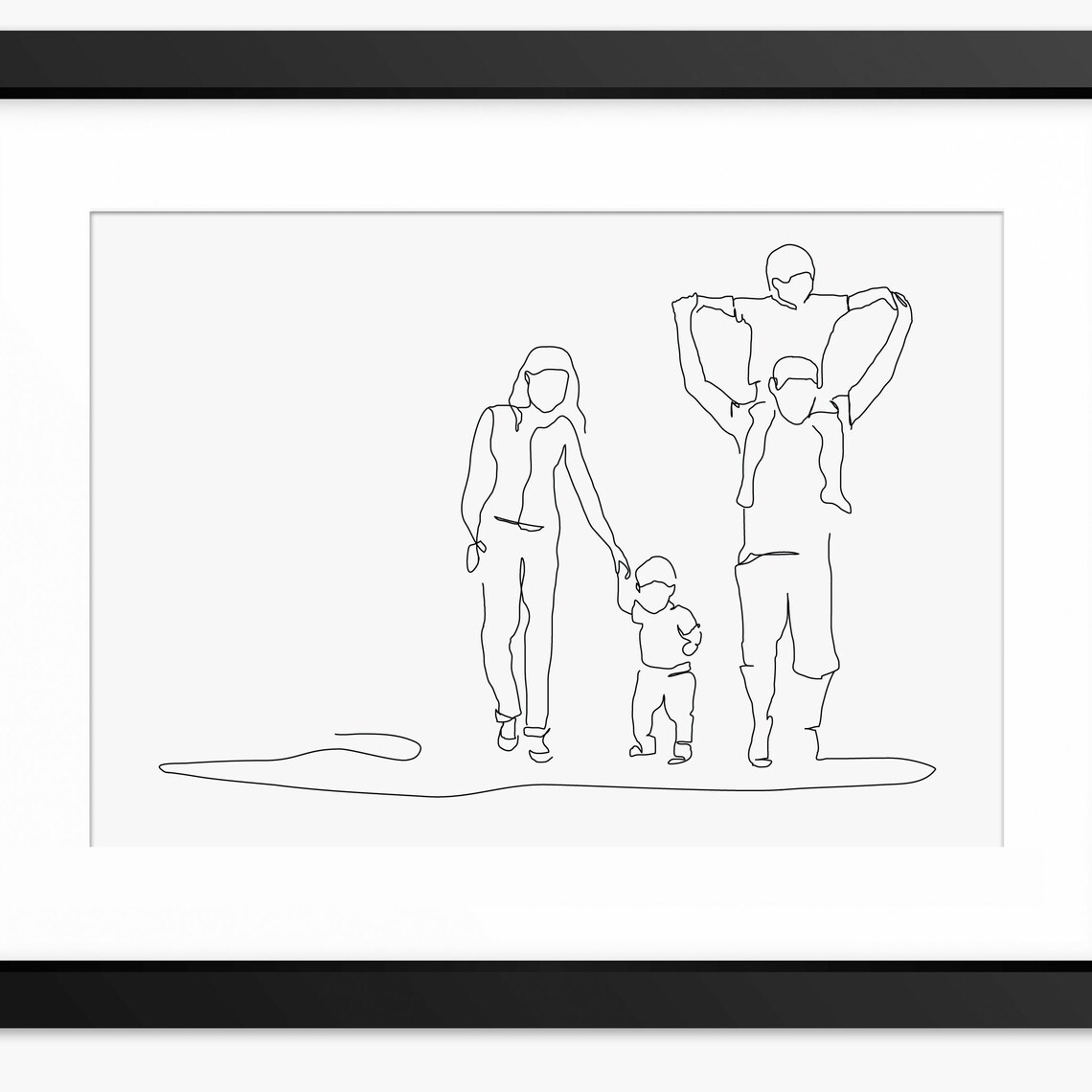 Family Of Four Walking With Child On Shoulders Line Art Poster