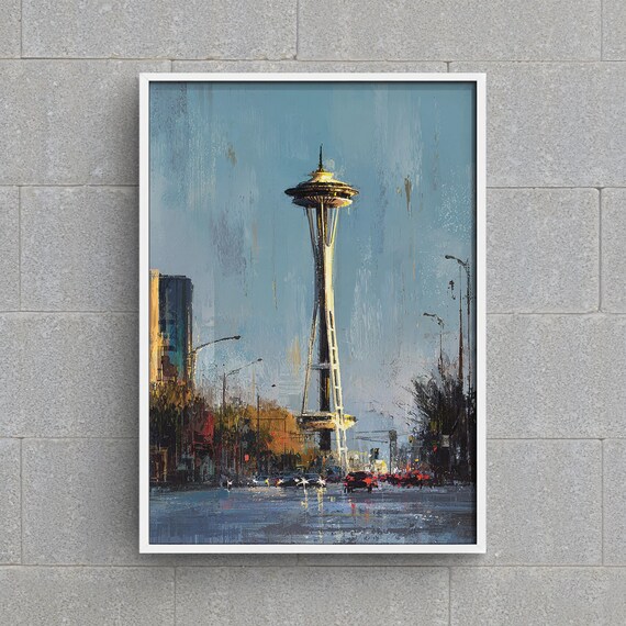 Seattle Space Needle Art Print Washington Cityscape Painting Iconic Urban Landmark Wall Decor Pnw Travel Instant