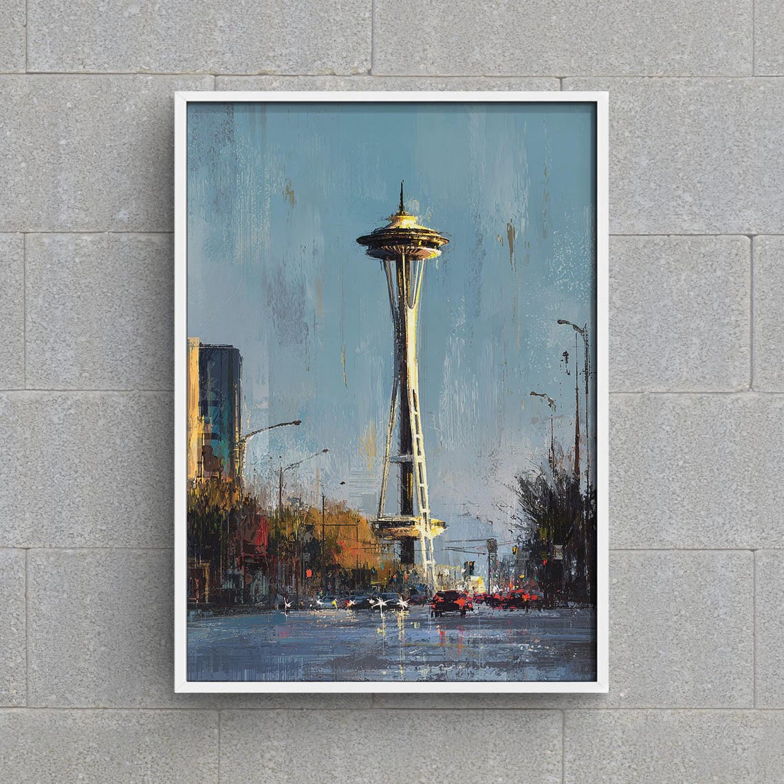Seattle Space Needle Rainy Street Cars Night Cityscape Poster