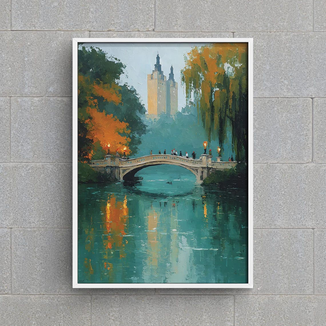 Central Park Bow Bridge Autumn Reflection Oil Painting Poster