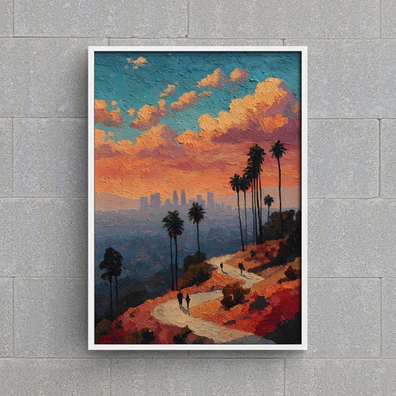 Los Angeles Sunset Hills Art Print Cityscape Painting Palm Tree View Urban Landscape Hollywood Hiking Travel