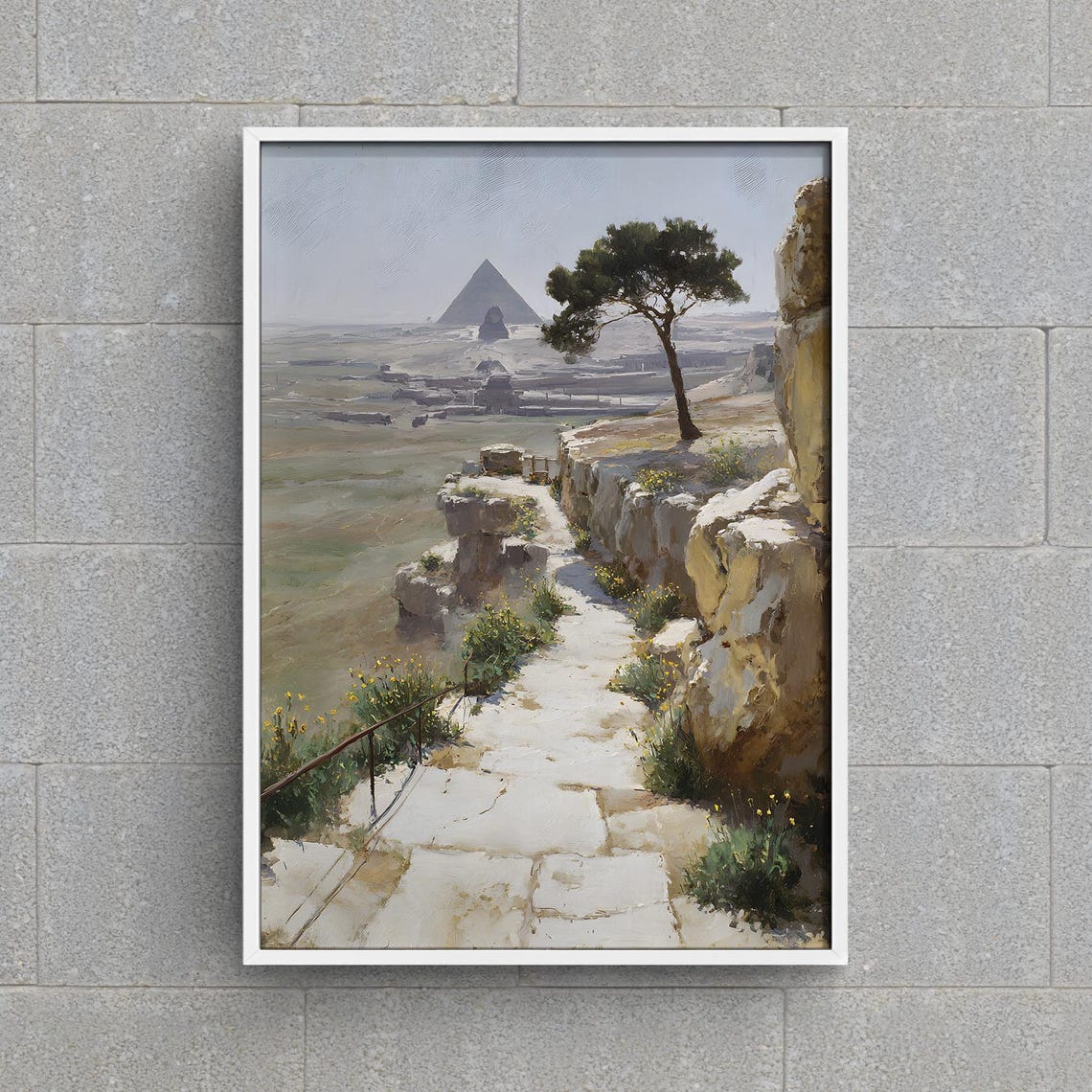 Giza Pyramid and Sphinx Across Desert From Rocky Cliff Path Poster