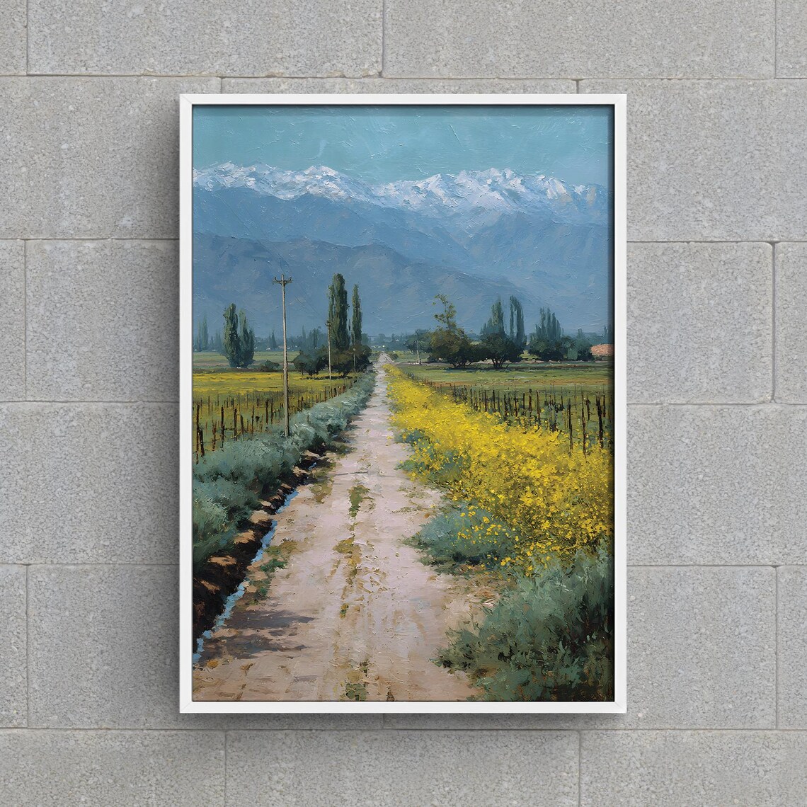 Mendoza Argentina Wall Art Andes Mountain Landscape Print Vineyard Road Oil Painting Yellow Flower Field Decor South America Poster