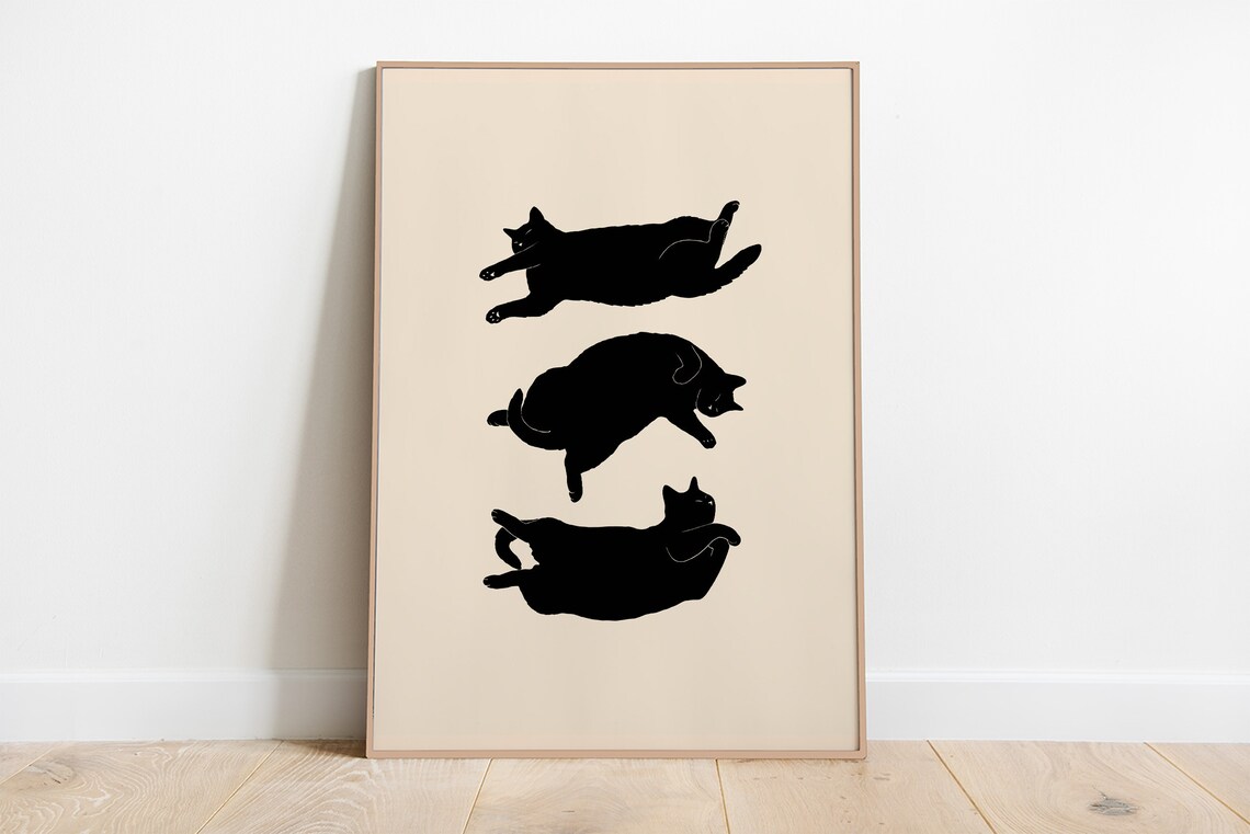 Lazy Cat Illustrated Art Print, Minimal Cat Poster