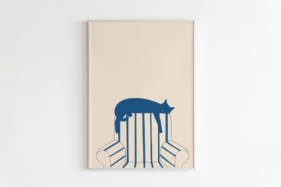 Sleepy Cat Illustrated Art Print, Cute Cat Lover Gift