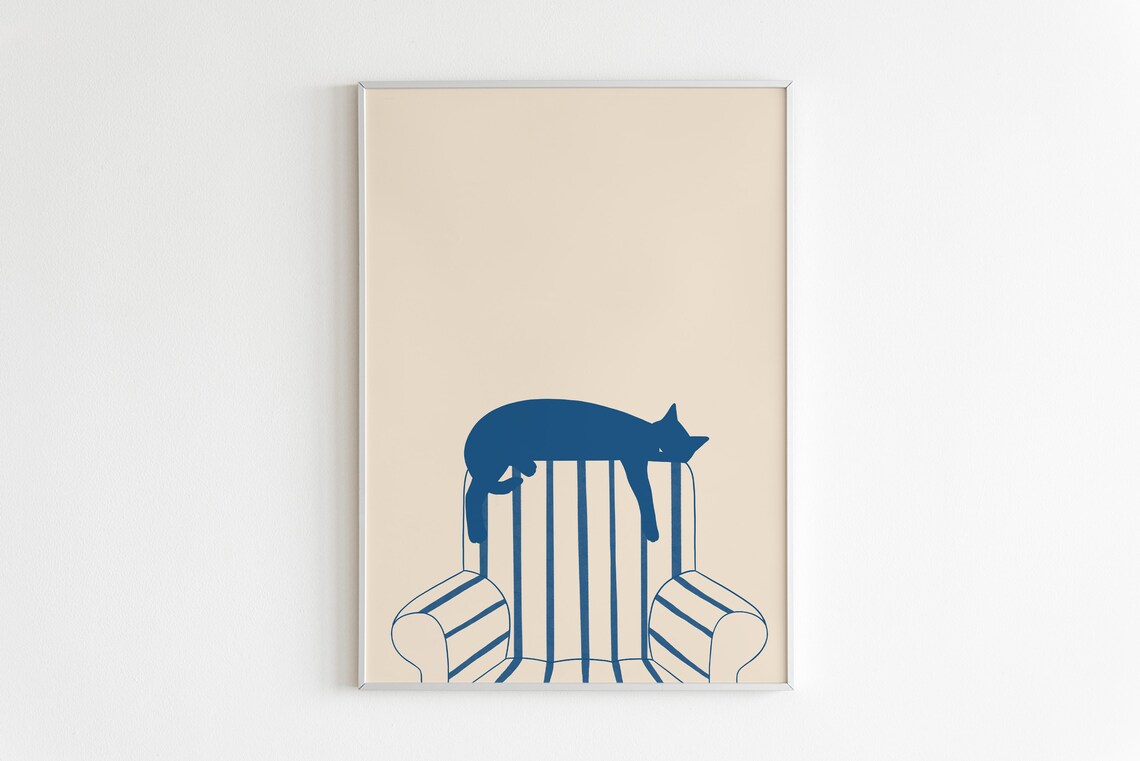 Sleepy Cat Illustrated Art Print, Cute Cat Lover Gift