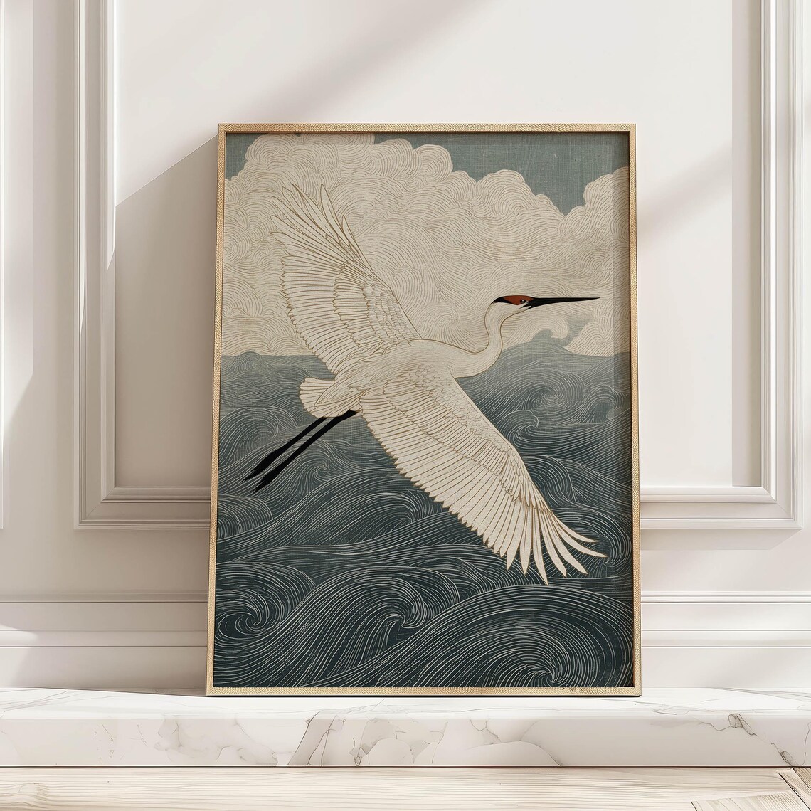 Japanese Minimalist Crane Over Sea Art Print