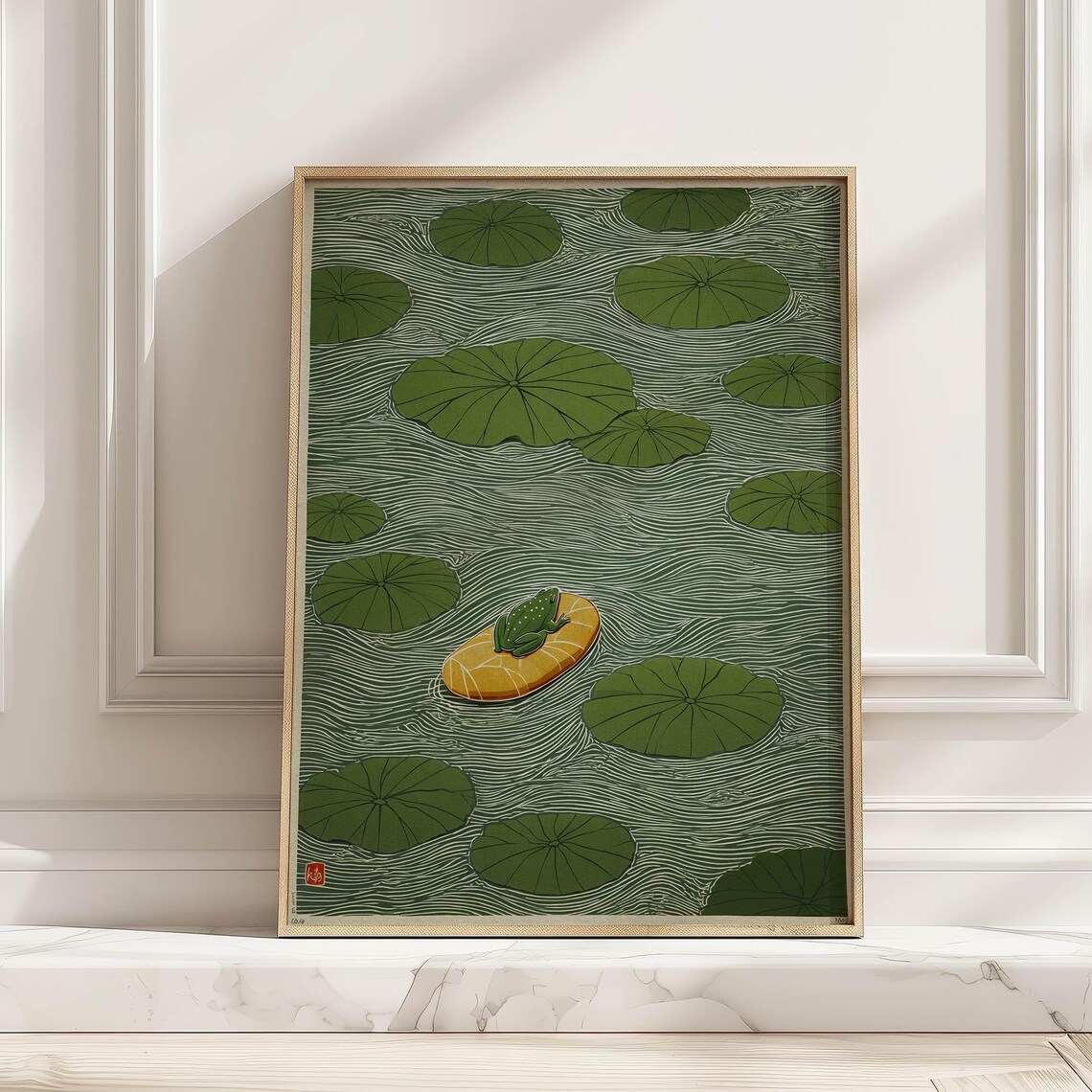 Japandi Frog On Lily Pond, Retro Poster