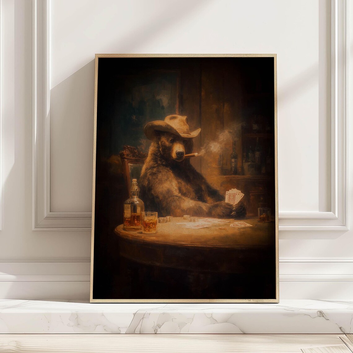 Western Bear Smoking Cigar, Poker Game Room Art Print