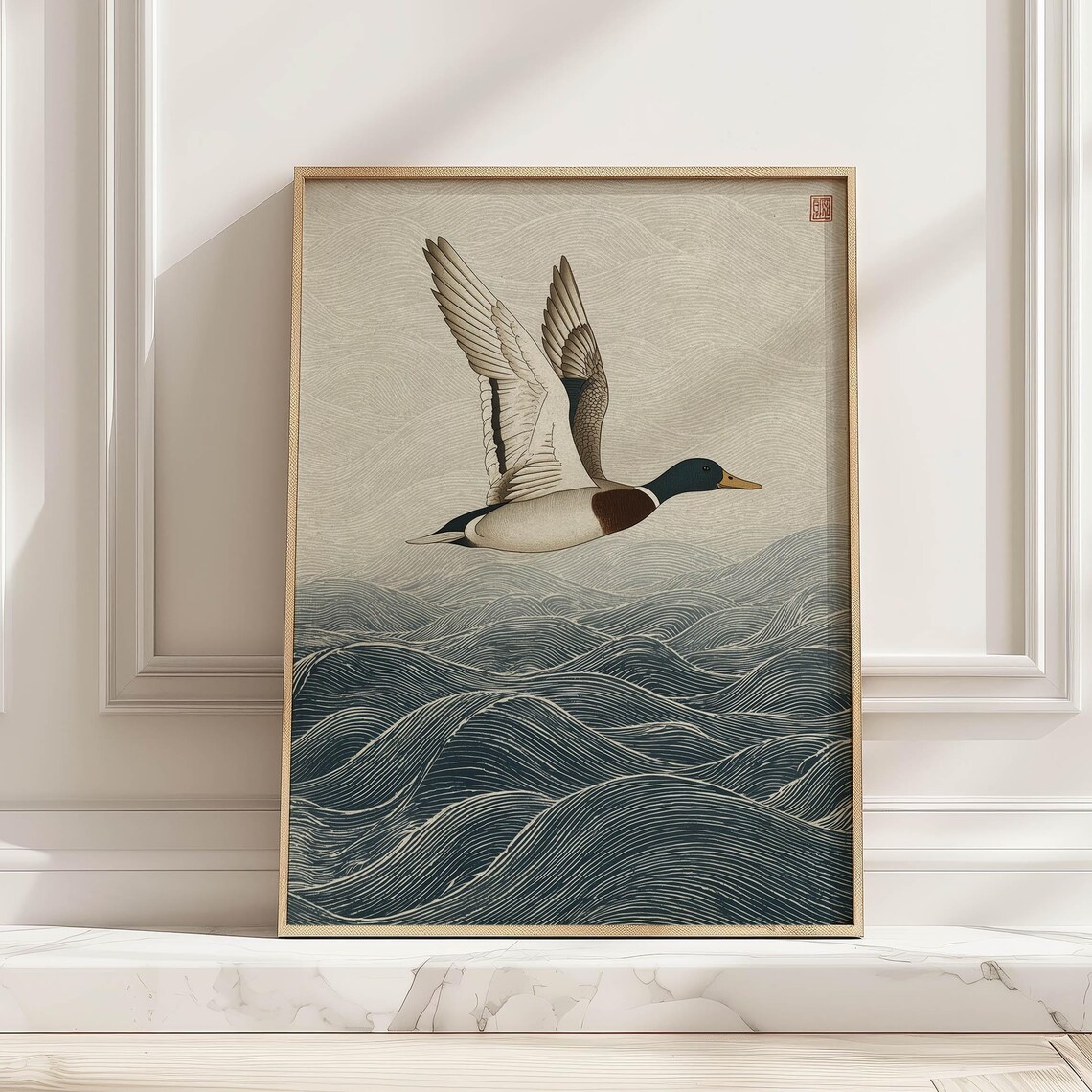 Duck Over Ocean Waves Japanese Poster, Coastal Bird