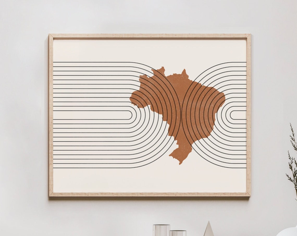 Brazil Country Map Mid Century Modern Retro Wave Line Art Poster