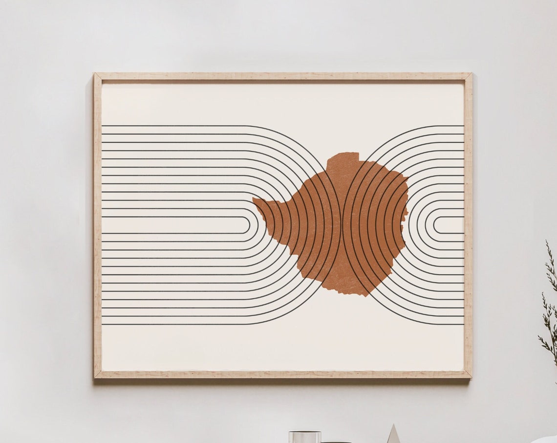 Zimbabwe Wall Art Mid Century Map Retro Decor Poster Country Of Print