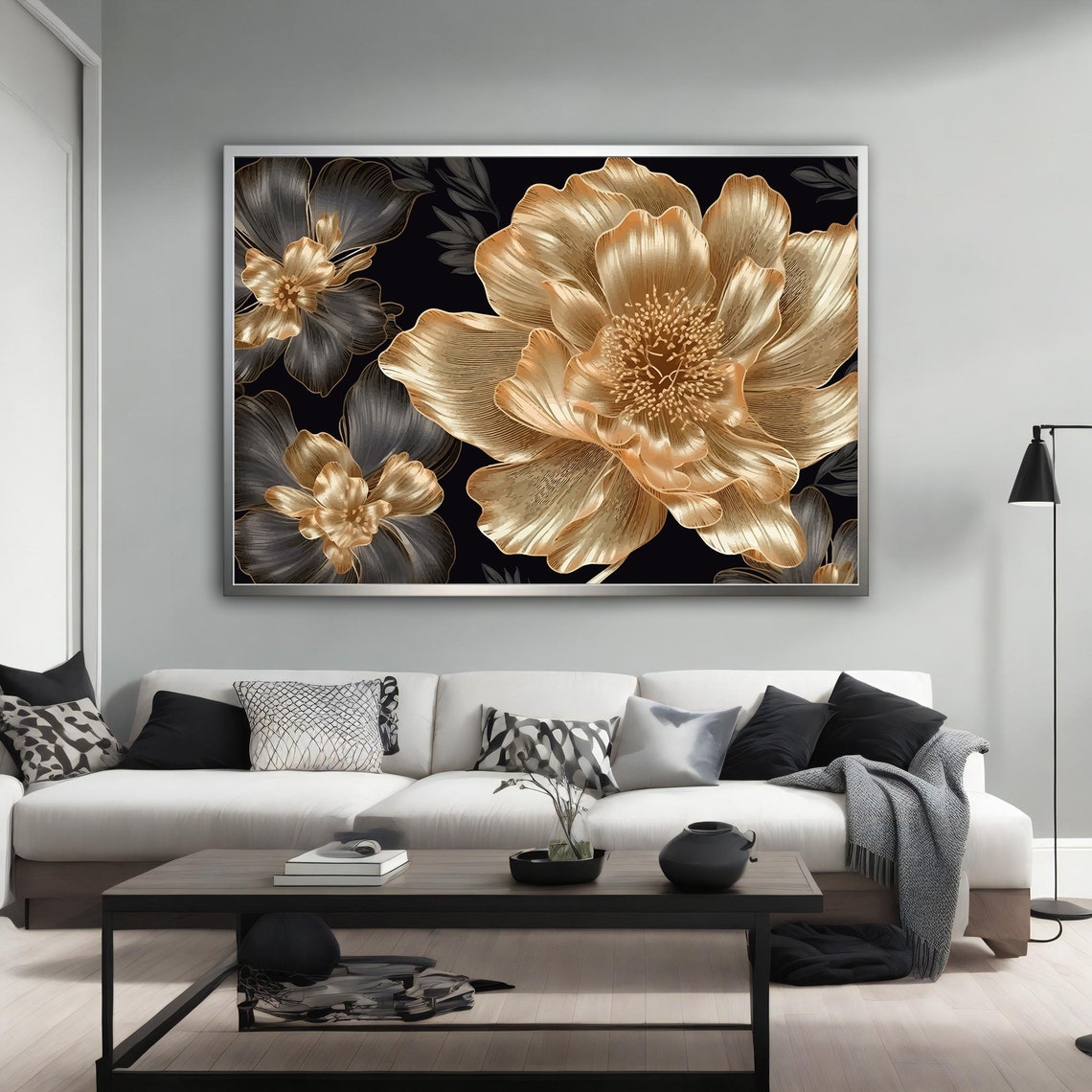 Gold Flower Modern Gold Flower Abstract Wall Art Gold Flower Poster Soft Gold Flower Gold Flower Wall Art Flower Painting - Image 2