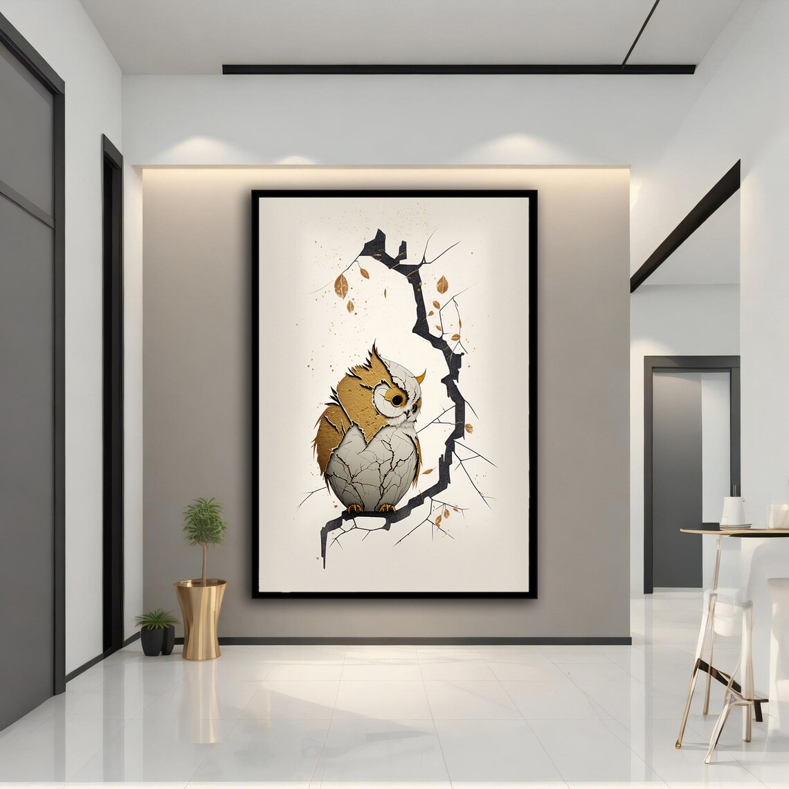 Cute Owl on Twisted Branch Minimalist Golden Leaf Wall Art Print - Image 5