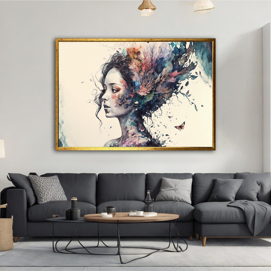 Watercolor Woman Coral Hair Sea Botanical Profile Dreamy Wall Art Poster - Image 2