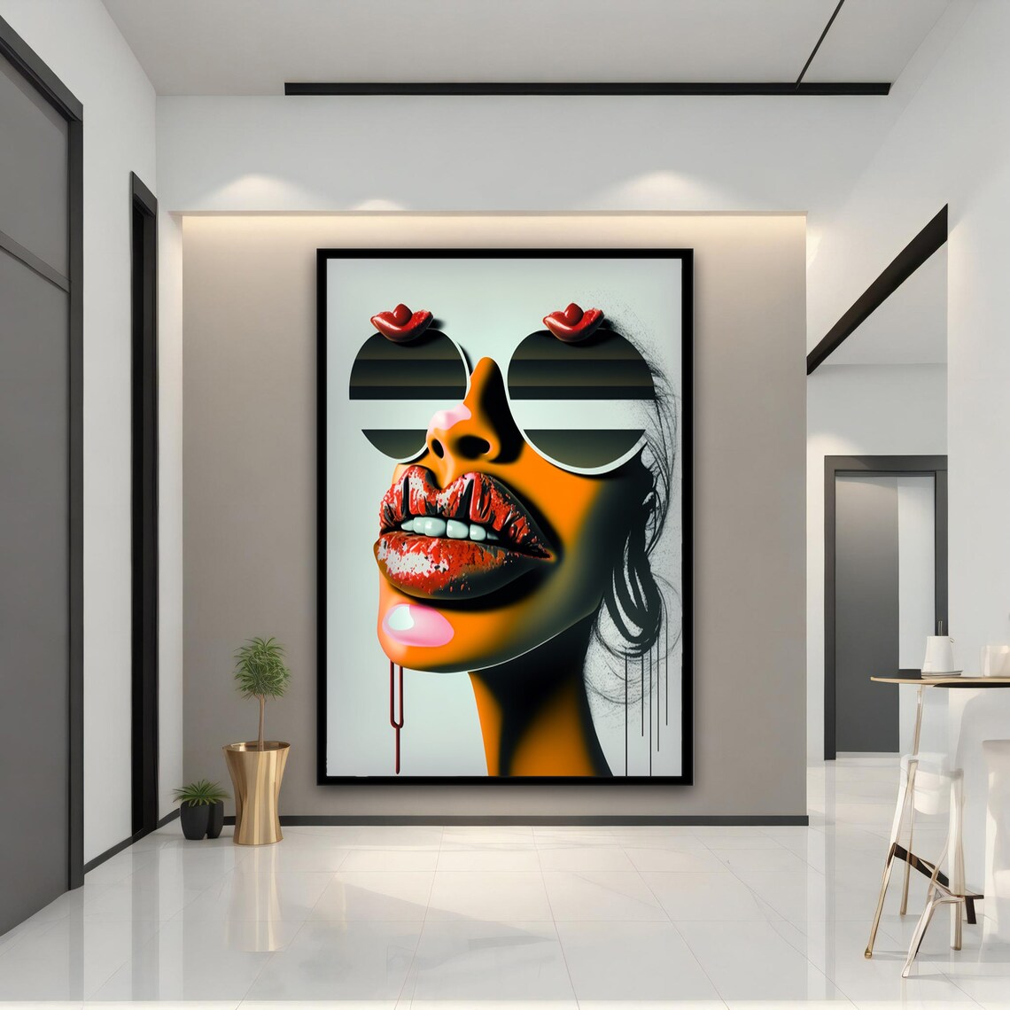 Pop Art Woman Face Red Lips Striped Sunglasses Bold Modern Portrait Poster - Image 2